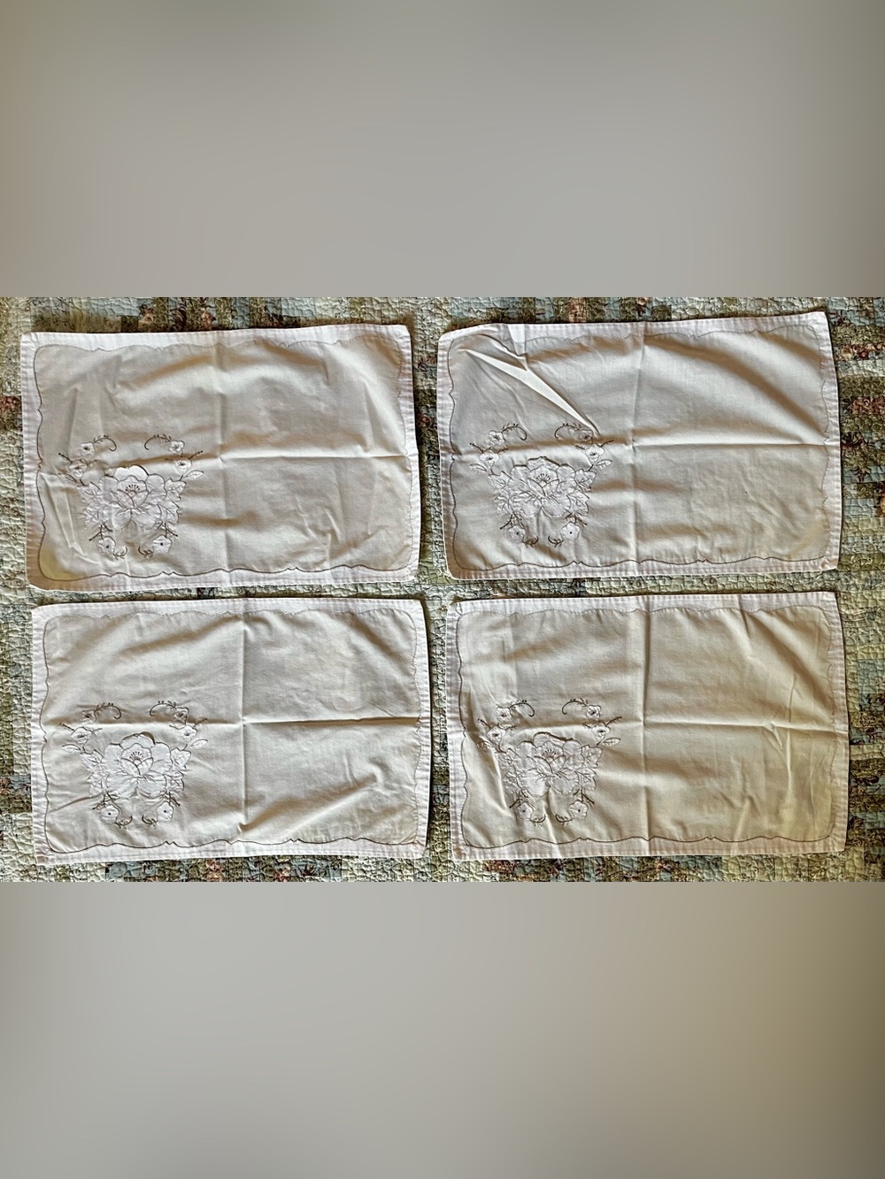 Embroidered Floral Cotton Napkins - White and Cream (Set of 4)